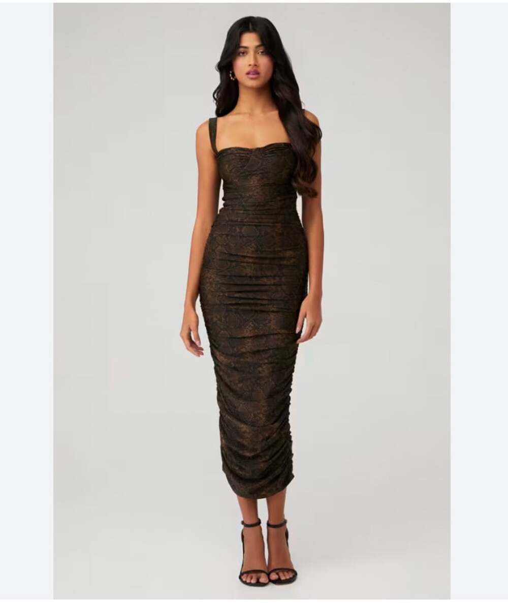 Good American Dress Womens Small Brown Animal Print Ruched Bodycon Maxi Party